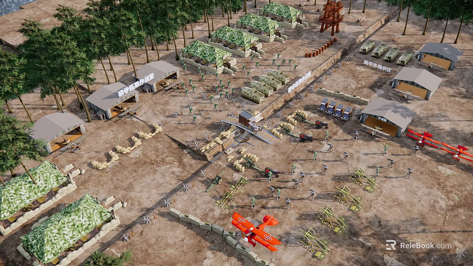 Scenic Outdoor Camp Area With Tents Trees Red Airplane Vehicles And People 3d model 