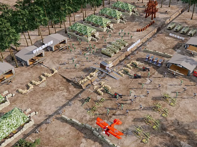 Scenic Outdoor Camp Area With Tents Trees Red Airplane Vehicles And People 3d model