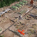 Scenic Outdoor Camp Area With Tents Trees Red Airplane Vehicles And People
