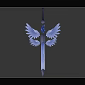 Detailed Fantasy Glowing Sword With Blue Gemstone And White Wing Decorations