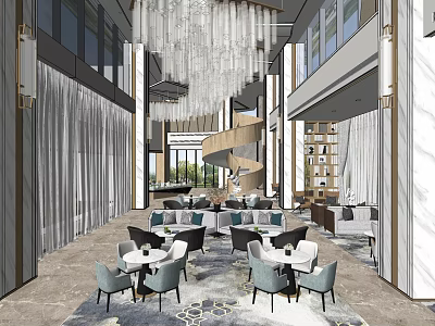 Modern Lounge Area Interior With Spiral Staircase Crystal Chandelier And Marble Elements 3d model