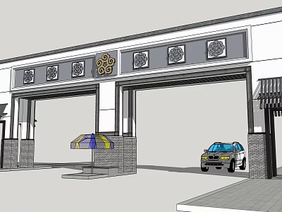Traditional Chinese Style Gate With Decorative Patterns Double Doors And Parking Area Umbrella Table 3d model