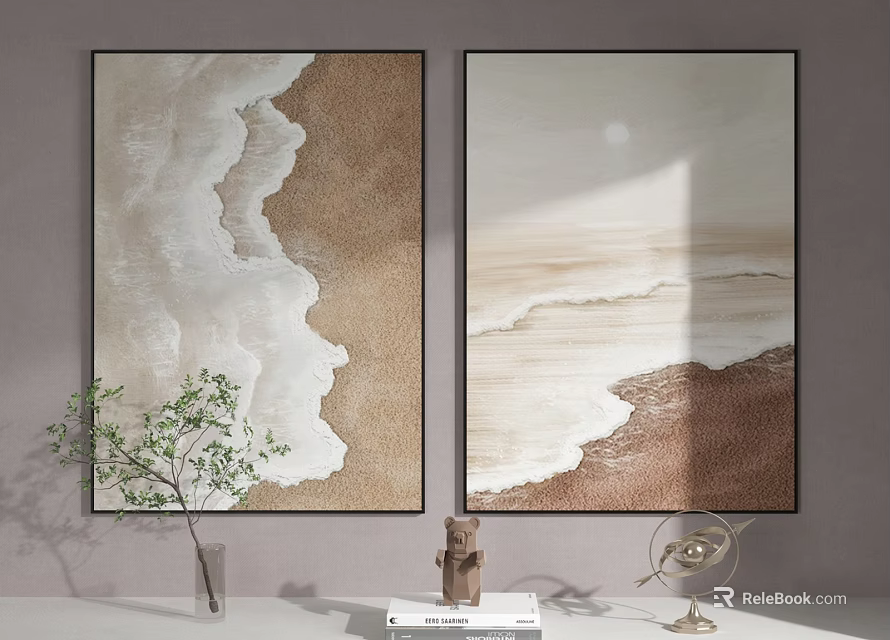 Two Beige Brown Wave Decorative Paintings With Green Plant Sculpture Ornament On Light Wall 3d model 