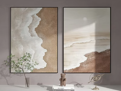 Two Beige Brown Wave Decorative Paintings With Green Plant Sculpture Ornament On Light Wall 3d model
