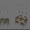 Round And Rectangular Dining Table Set With Chairs Pendant Lights And Tableware For Dining Room 3d model