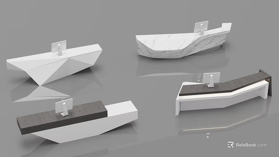 Modern Reception Desks Featuring Marble Wooden White Designs And Computer Monitors 3d model 