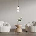 Casual Sofa Set With Two White Curved Sofas Wooden Table Green Plant And Hanging Lamp