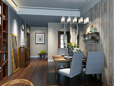 Warm Cozy Dining Room Interior With Wooden Wall Floor Gray Chairs Chandelier And Green Plants 3d model