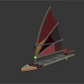 Modern Sailing Boat With Red And Yellow Honeycomb Pattern Sail And Metallic Hull