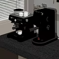 Two Silver and Gray Coffee Machines on Black Table with Coffee Cups and Window Blinds 3d model