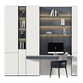 Modern Bookcase with Shelves Books Decorative Items and Lamp Under Desk with Computer and Chair
