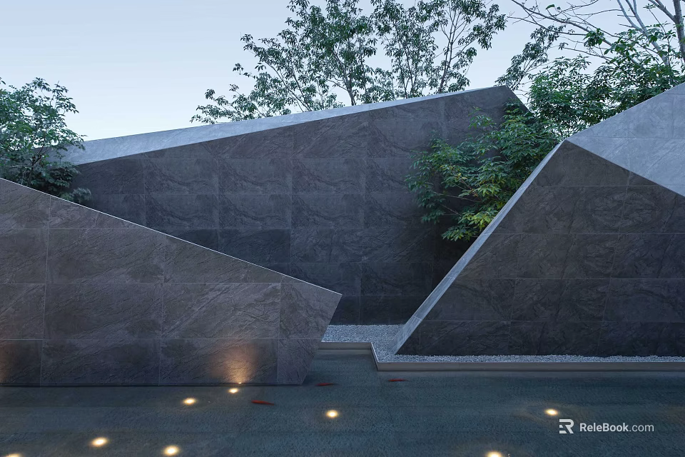 Modern Angular Stone Feature Wall With Surrounding Greenery And Embedded Lighting 3d model