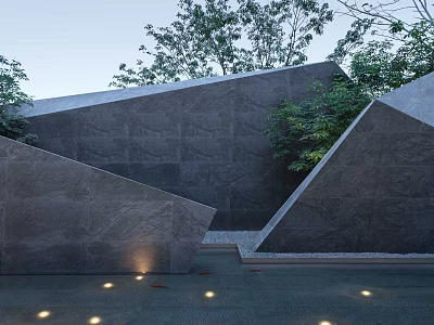 Modern Angular Stone Feature Wall With Surrounding Greenery And Embedded Lighting 3d model
