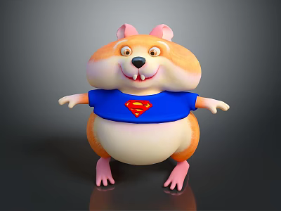 Cute Cartoon Hamster Game Movie Character In Blue Superman Shirt With Big Belly 3d model