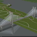 Modern Cable Stayed Bridge Spanning Water With Green Grass Park Paths And Reflection 3d model