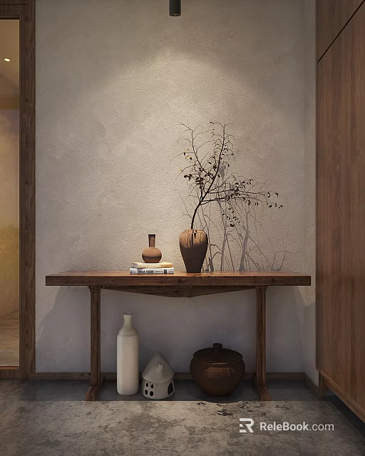 Rustic Wooden Console Table With Decorative Vase Books On Textured Wall 3d model