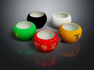Colorful Decorative Ceramic Cups With Multiple Hues And Golden Characters 3d model