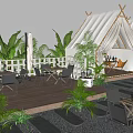 Outdoor Cafe With Tent Structure Wooden Deck Tables Chairs And Green Plants