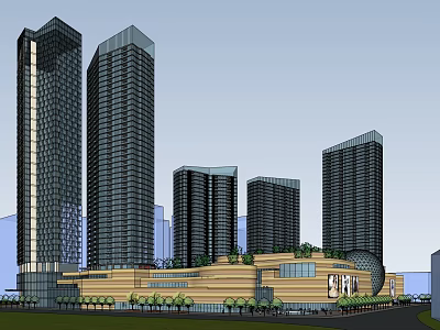 Mixed Use Commercial Complex With High Rise Towers Retail Mall And Modern Glass Facade 3d model