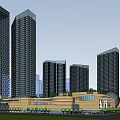 Mixed Use Commercial Complex With High Rise Towers Retail Mall And Modern Glass Facade