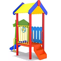 Colorful Playground Equipment with Slides Canopy Roof Red Posts Blue Railings for Kids
