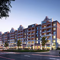 Mid Rise Residential Building With Red Brick Facade White Accents Balconies And Street Trees