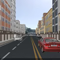 Modern Commercial Street with Colorful Multi Story Buildings Shops and Vehicles on Asphalt Road