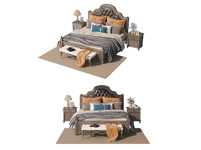 Stylish Double Bed With Tufted Headboard Nightstands Table Lamps And Decorative Pillows 3d model