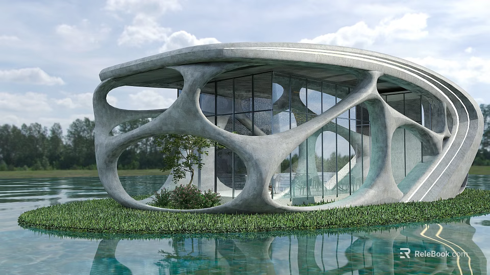 Organic Shaped Waterfront Building With Curved Concrete Structure And Large Glass Windows Over Calm Water 3d model 