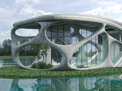 Organic Shaped Waterfront Building With Curved Concrete Structure And Large Glass Windows Over Calm Water 3d model