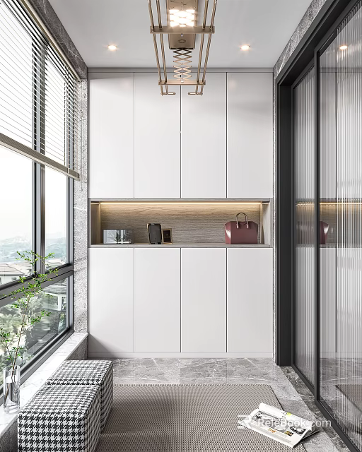 Home Balcony Design With White Cabinets Storage Space And Window Plants 3d model