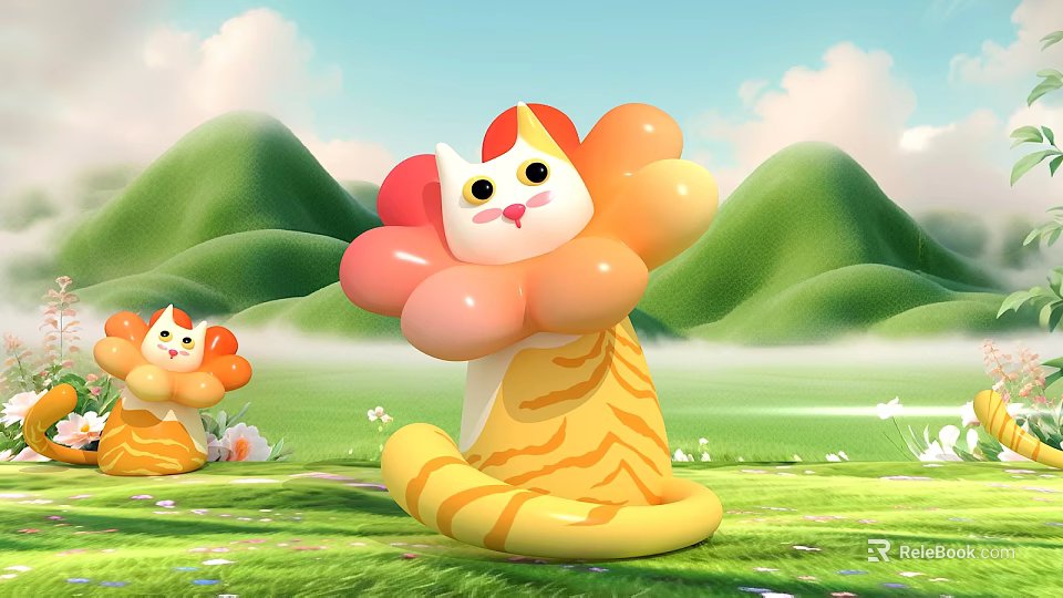 Inflatable Cat Yellow Orange Striped Floral Design Outdoor Green Grass Hills Sky Decor 3d model 