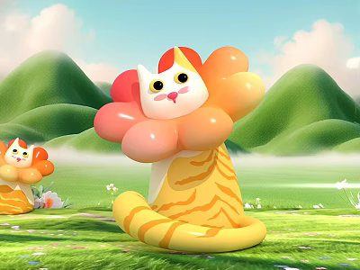 Inflatable Cat Yellow Orange Striped Floral Design Outdoor Green Grass Hills Sky Decor 3d model