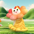 Inflatable Cat Yellow Orange Striped Floral Design Outdoor Green Grass Hills Sky Decor