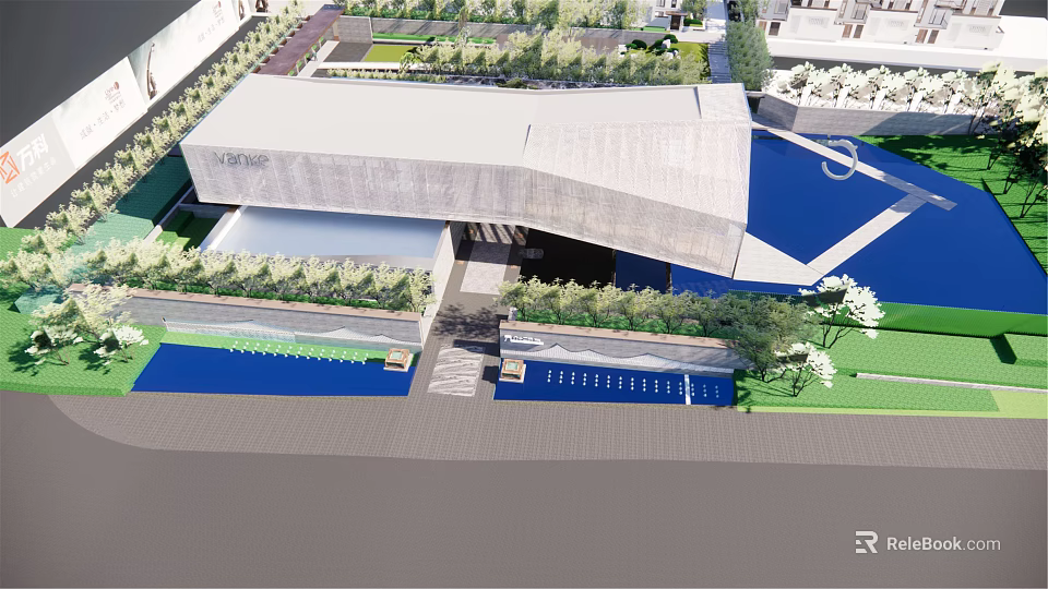 Modern Sales Office Building With Glazed Facade And Landscaped Gardens Water Features Lawns 3d model 