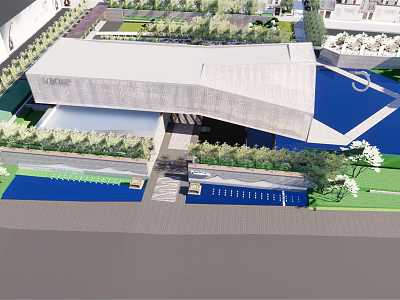 Modern Sales Office Building With Glazed Facade And Landscaped Gardens Water Features Lawns 3d model