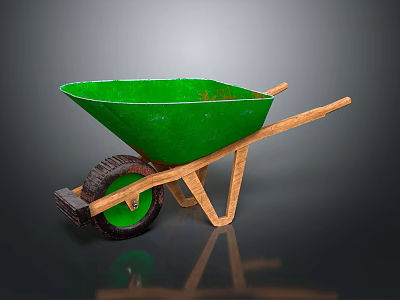 Green Wheelbarrow With Wooden Handles Frame And Rubber Wheel For Construction Garden Use 3d model
