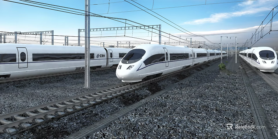 White High Speed Train Moving On Railway Track With Overhead Electric Wires Under Clear Sky 3d model 