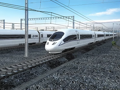 White High Speed Train Moving On Railway Track With Overhead Electric Wires Under Clear Sky 3d model