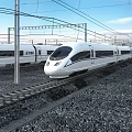 White High Speed Train Moving On Railway Track With Overhead Electric Wires Under Clear Sky