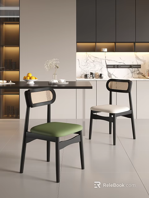 Modern Single Chair With Woven Backrest Black Frame And Green Upholstered Seat In Open Kitchen 3d model 