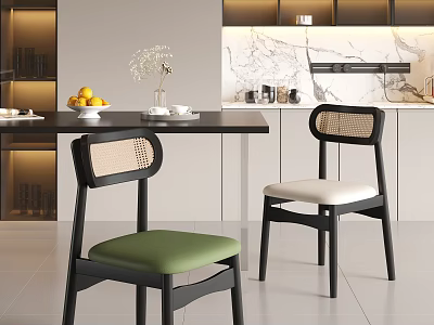 Modern Single Chair With Woven Backrest Black Frame And Green Upholstered Seat In Open Kitchen 3d model