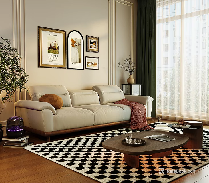 Modern Beige Leather Sofa With Round Wooden Coffee Table Checkered Rug And Wall Art 3d model 