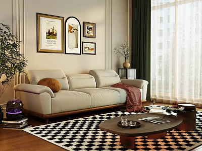 Modern Beige Leather Sofa With Round Wooden Coffee Table Checkered Rug And Wall Art 3d model