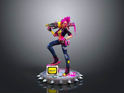 Pink Haired Character With Spray Gun On Spiked Base Yellow Logo 3d model