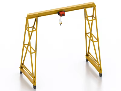 Yellow Industrial Gantry Crane with Metal Frame Red Hoist and Wheels 3d model
