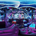 Modern KTV Interior Design With Neon Lights Mirrored Walls Bar Counter And Comfortable Sofas