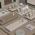 Modern Living Room With Multiple Sofas Decorative Pillows Area Rug Fireplace And Window Blinds
