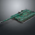 Military Tank With Green Camouflage Paint Long Barrel Turret And Tracks