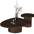 Modern Wooden Coffee Table Set With Oval And Round Design Vase Branches Book Decor